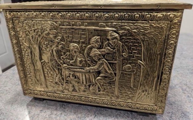 Brass Magazine Rack Embossed Tavern Scene Relief Decorative Metalware