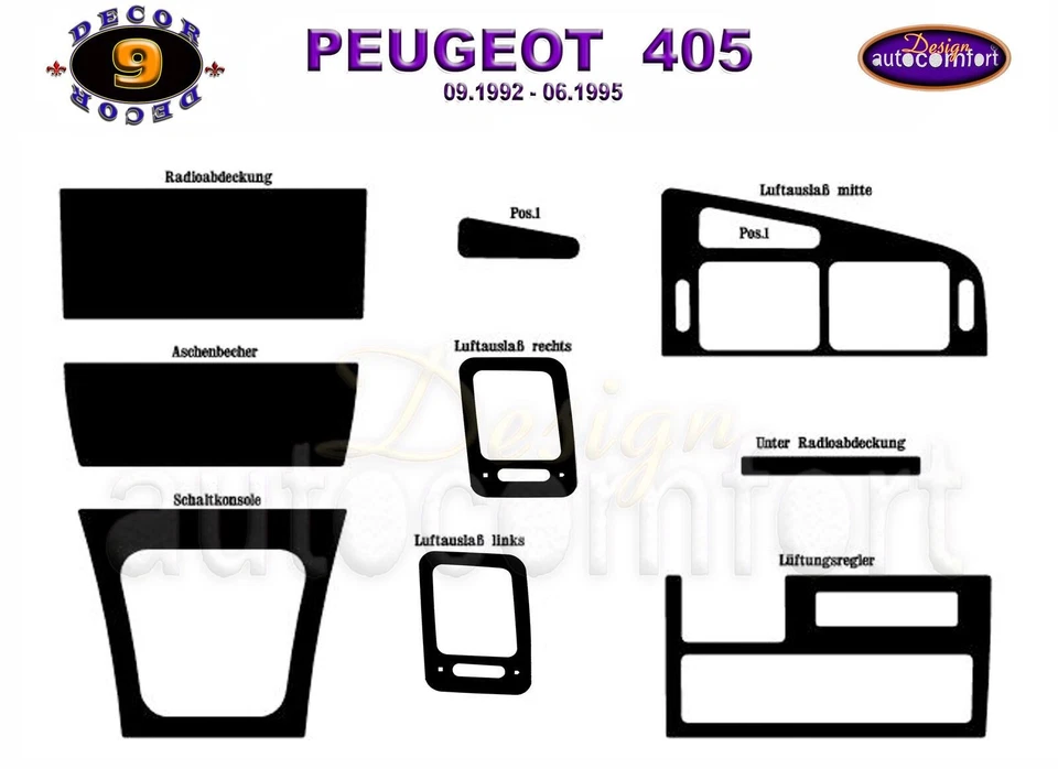 Interior Dash Trim Cover Set Fits For Peugeot 405 1992-1995 9 PCS Walnut Look - Image 2 of 4