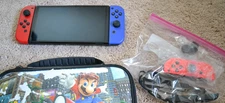 Nintendo Switch OLED Handheld Console  Great Cond -  Red Blue 3 Gears Extras