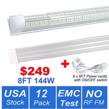 12Pack 8FT Led Shop Lights 144W T8 Integrated Led Tube Light Bulbs 8 Foot 6500K