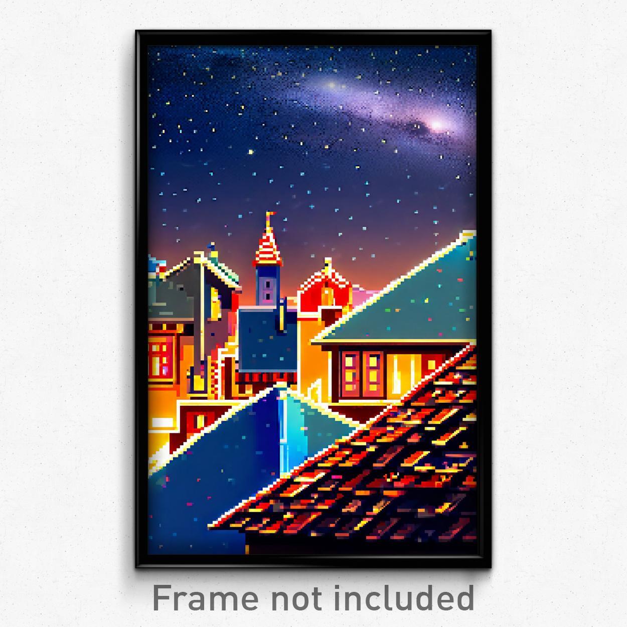 8 Bit Pixel Art Poster of Psychedelic Starry Rooftops Trippy Video Game Print