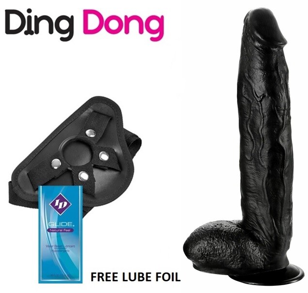 Ding Dong Strap-On/ Pegging Set Harness & 12 Inch LARGE Realistic Dildo  Black