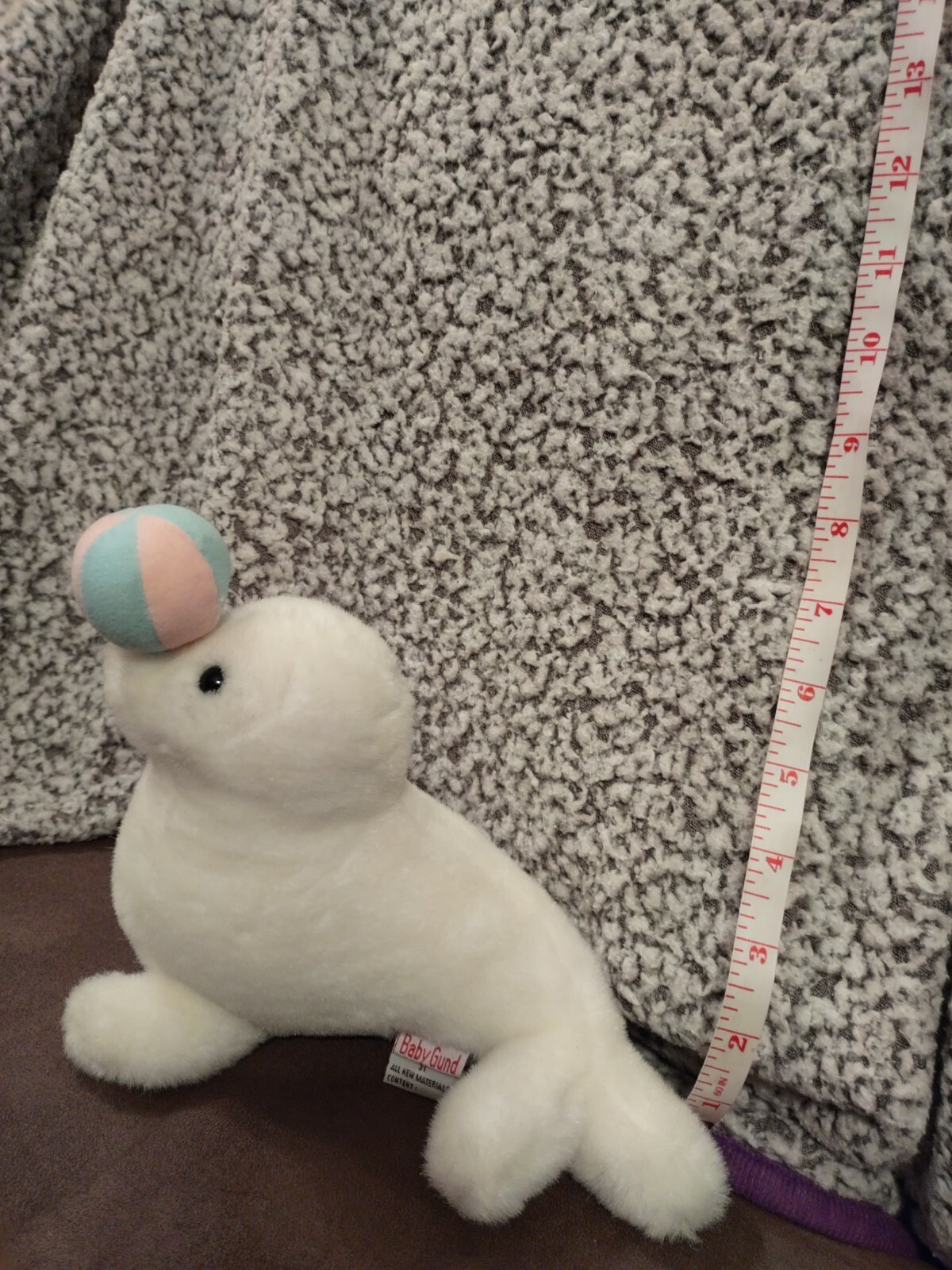 Vintage Baby Gund Musical White Baby Seal Wind Up Plush  9" Ball on Nose 1990