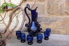 7 tlg Likörset Schnapsset Karaffe 6 Gläser kobaltblaues Glas Vintage 50er 60er J