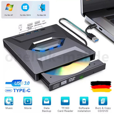 7 in 1 USB 3.0 Externes Laufwerk CD DVD Brenner Player mit Type C für Laptop PC