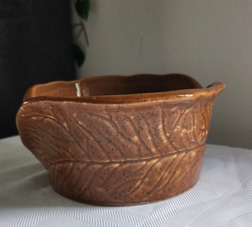 Vintage Brown Speckled Leaf Pottery Bowl, Ovenware, Portugal, 7.25” x 3.25”