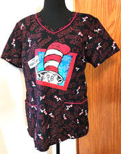 Dr Seuss Cat In The Hat Scrub Top Women's M Black/Red Nursing Pediatric EUC 521