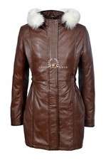 Juliet Brown Ladies Casual Fur Hooded Lambskin Leather Jacket Trench Coat