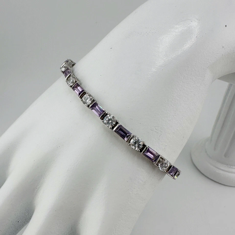 "Pulsera de tenis chapada en rodio 925 FAS 6,75"" con baguettes de vidrio púrpura blanco RBC Foto 4 de 4