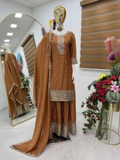 Wedding Wear Yellow Colour Chinon Silk Kurta Palazzo With Dupatta For Women New