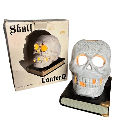 Robert Alan Candle Company Ceramic Electric Skull Lantern on Book Halloween