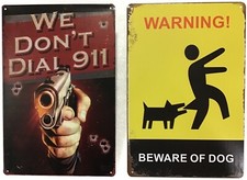 8x12 TIN SIGNS 2pc SET 911 gun pistol bullets funny Warning beware dog vintage