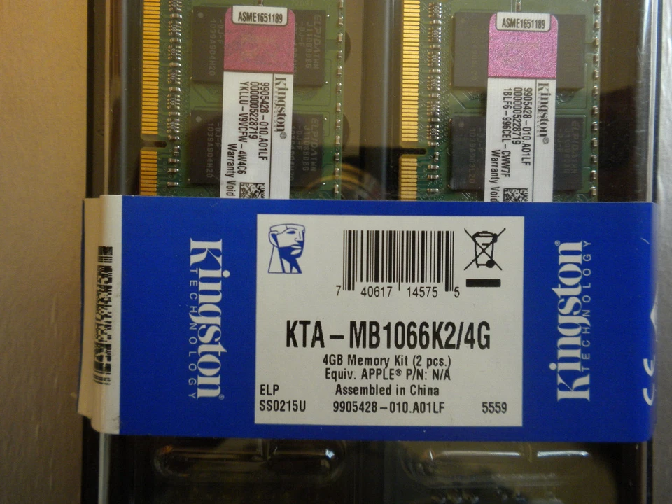 KTA-MB1066K2/4G Kingston 4GB Kit (2 X 2) PC3-8500 DDR3-1066MHzMz for Apple NEW - Image 2 of 3