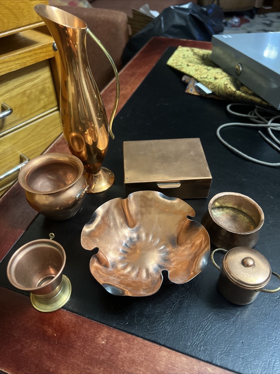 Stunning Vintage Copper Lot Collection Cigarette Box Bud Vase Hammered Pot 