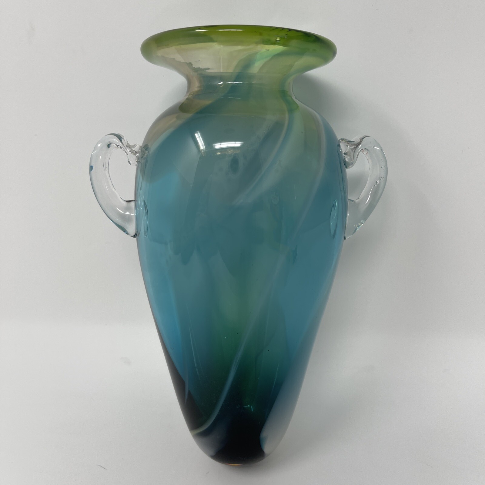 Art Glass Hanging Vase Hand Blown Artist Signed Blue Green White 7