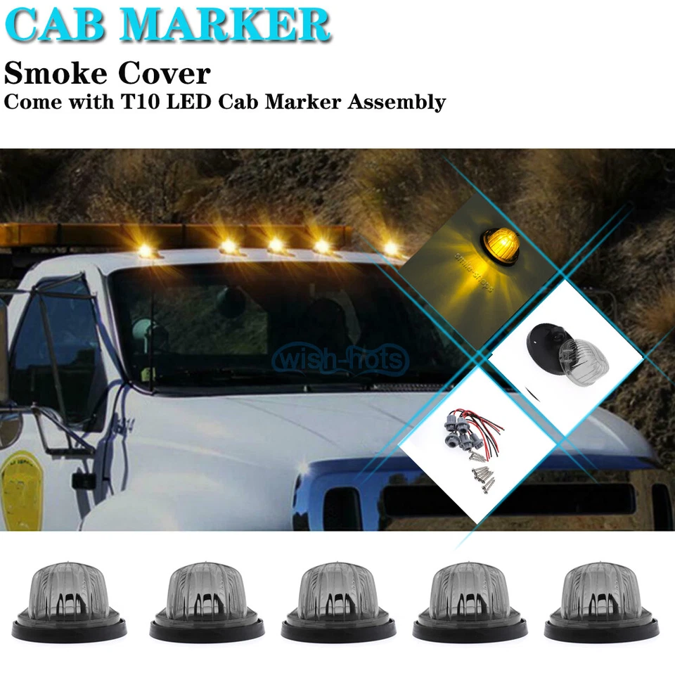 Cubierta de humo de luz de techo de cabina redonda 5 piezas + LED ámbar T10 para Chevy/GMC 73-87 Foto 2 de 4