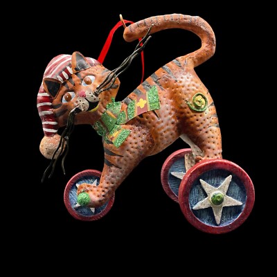 Christmas Ornament Tin Metal 5'' Tall Cat Pedaling Tricycle