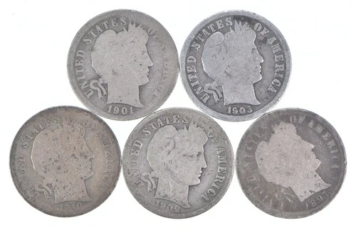 Better Lot 5 1901-O 1903-O 1910-D 1909-O 1897 Barber Dime 0.50 Face *195