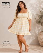 ASOS DESIGN Curve Yellow Gingham Puff Sleeve Mini Smock Dress US 14 Cottagecore