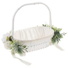 White Wedding Flower Girl Basket with Lace and Artificial Flowers Satin Vinta...