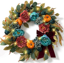 24 Inch Fall Wreaths for Front Door, Autumn Wreath with Light  Timer