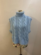  M H M Divided Women Blue Cable Knit Sweater Vest Turtleneck Sleeveless