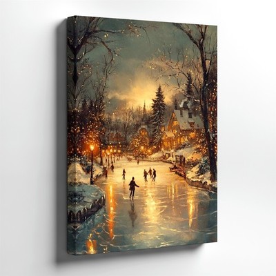 Wall Art Winter Ice Skating Scene Snowy Village Landscape Canvas Print Decor