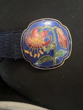 Vintage Round Lily Orchid Flower Cloisonn  Enamel Belt Buckle w Black 28  Strap