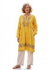 120% Lino 100% Linen Dress size 46 = L yellow Embroidered Boho Luxury Old Money