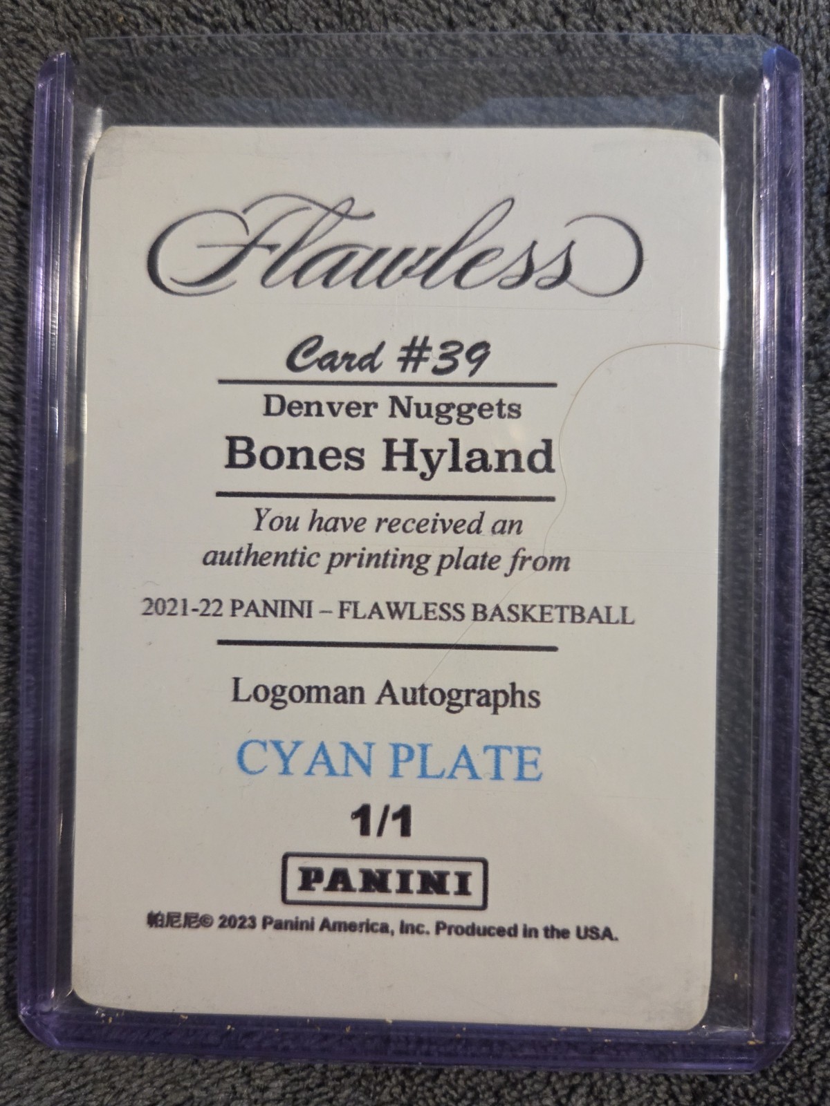 Bones Hyland Logoman Autographs 2021-22 Flawless 1/1 Cyan Printing Plate #39 view 2