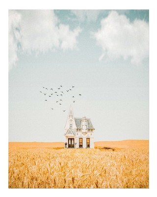 Charming House Im Weizenfeld Wandkunst Minimalistische Natur Weizenfel