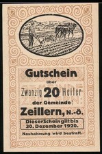 Notgeld Zeillern 1920, 20 Heller, Bauern hinterm Pferdepflug 