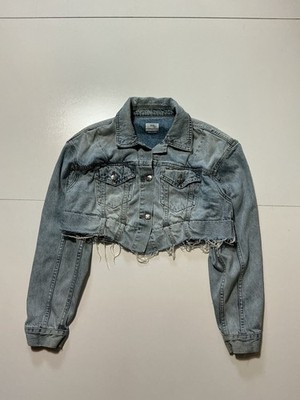 $240 Ksubi Jeans SX Cropped Distressed Light Blue Wash Trucker Denim Jacket Sz.S