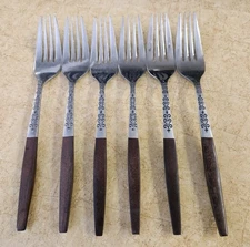 6 Interpur INR2 Japan MCM Dinner Forks, Brown faux wood handle/stainless 8"
