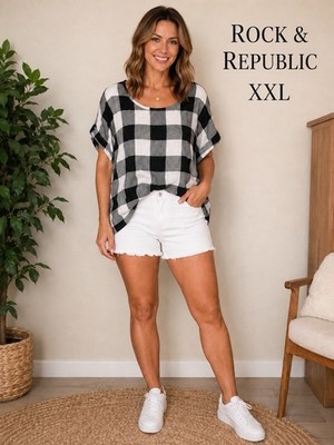 Rock & Republic Black White Buffalo Check Strappy Blouse XXL