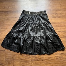 Vintage Y2K 90s Midi Skirt XL Black Tiered Beaded Satin Layered Fairy Whimsigoth
