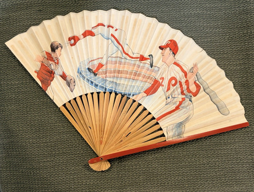 Vintage Phillies Folding Hand Fan Baseball Scene Wood Ribs Paper Red/Blue