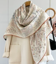 70% Cashmere 30% Silk Wrap Scarf white totem Print Double Face Print Shawl 53''