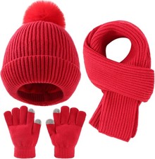 Kid Boy Girl Beanie Hat Scarf Touchscreen Gloves Set Warm Knit One Size, Red