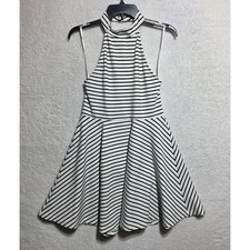 MinkPink Black White Striped Halter Skater Dress High Neck Open Back Medium
