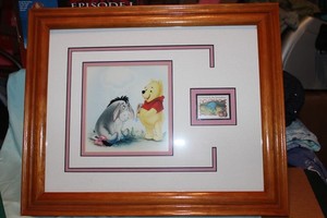 Vintage Disney Framed and Matted Winnie the Pooh and Eeyore Print w/Stamp