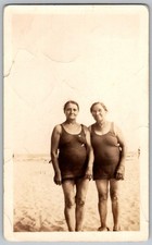 Vtg B W Snapshot Two Older Women in Swimsuits Bathing Suits Beach 1920s