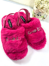 Bebe faux fur slides slippers Sandals rhinestone logo accent elastic Strap 37 7