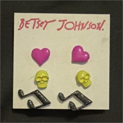 Betsey Johnson Heart & Skull Stud Earrings Set, Multicolor Metal 