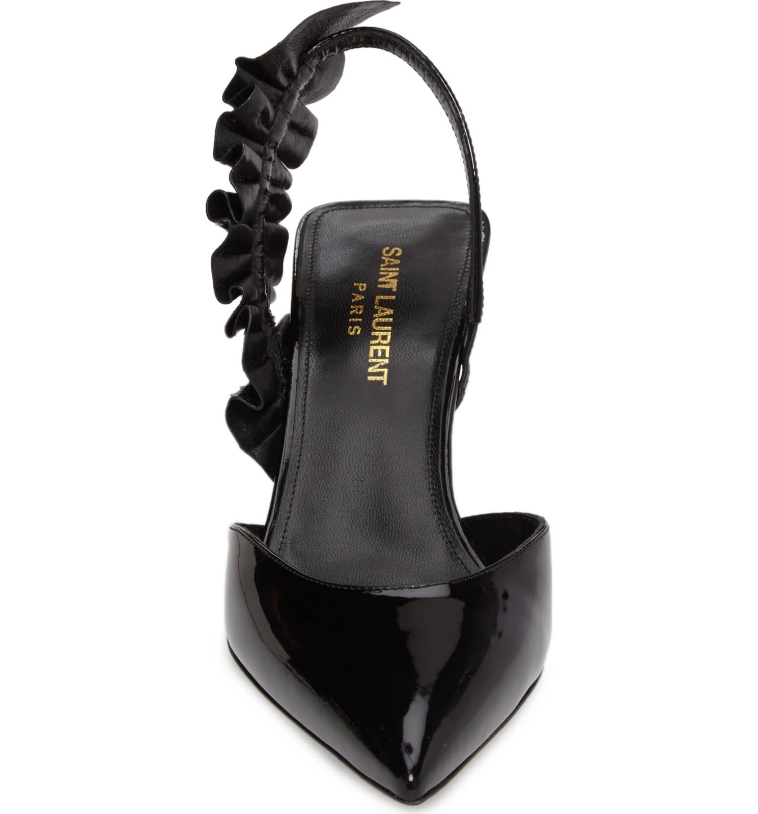 NUOVA SCARPA $995 + SAINT LAURENT EDIE tacco pompa slingback nera brevettata 38 7 5