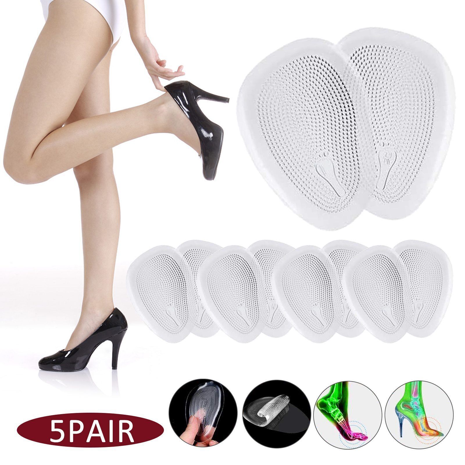 5 Pairs Soft Gel Foot Cushion Metatarsal Pads Ball of Foot Shoe Insert