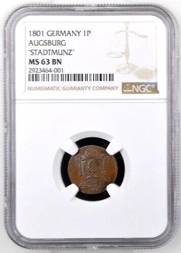 1801 German States Augsburg Pfennig, Stadtmunz, NGC MS 63, KM-192, Germany
