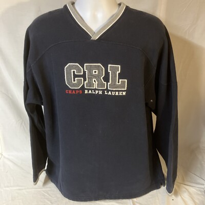 Vtg Chaps Ralph Lauren Mens V-Neck Blue Embroidered Sweatshirt XL Spellout FS!