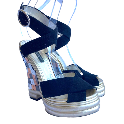 DOLCE & GABBANA schwarze Wildleder-Criscross-Leder-Sandalen mit Keilabsatz, Größe 36 - Bild 3 von 12
