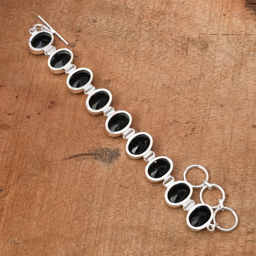 Bracciale Bracciale Gioielli Fatto a Mano Pietra Preziosa Onice Nero 925 - Foto 3 di 8